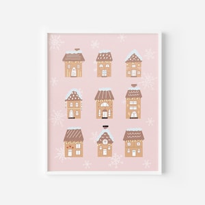 Gingerbread Village Digital Art Print, Vintage Pink Christmas Decor, Gingerbread Christmas Decor, Holiday Wall Art, Christmas Village Art