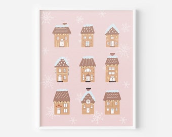 Gingerbread Village Digital Art Print, Vintage Pink Christmas Decor, Gingerbread Christmas Decor, Holiday Wall Art, Christmas Village Art
