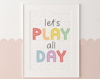 Juguemos todo el día impresión de arte de sala de juegos, impresión de sala de juegos para niños en colores pastel, póster de guardería, decoración de sala de juegos, arte de pared de guardería, arte imprimible de la habitación para niños