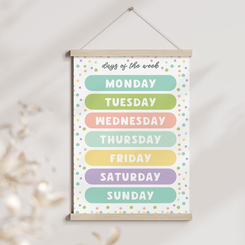 Days of the Week Learning Print, Pastel Polkadot Playroom Print ...