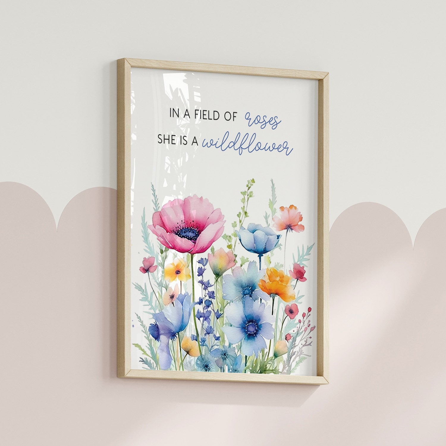 In a Field of Roses, she is a Wildflower Quote Printable, Floral Wall Art, Bright Flower Nursery Decor, Boho Baby Room Sign