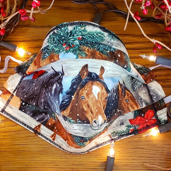 Horses Face Mask, Reusable, Reversible, Triple Layered, Quilter's Cotton, Flannel Lined, Ready to Ship, Black on Back