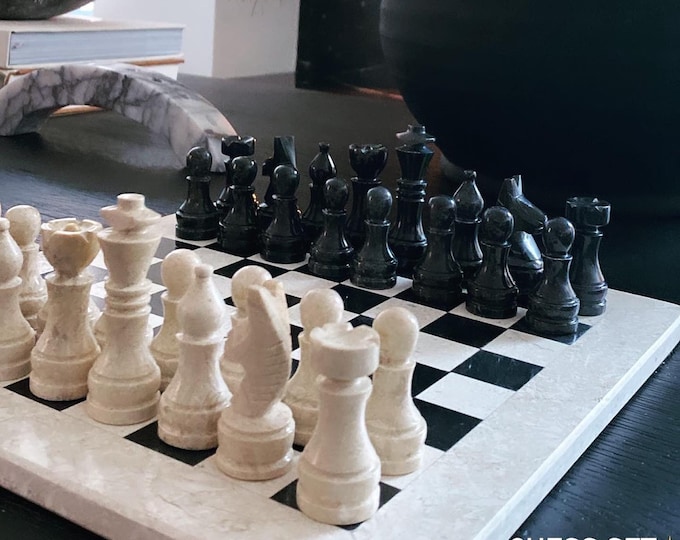 Chess Set - Classic Marble Chess Set in Beige and Black - Customizable Chess Game for Adults & Kids - Luxury Board Game Decor