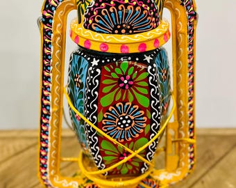 Hand-Painted Lantern – Colorful Folk Art Metal Home Décor Wall Hanging or Table Accent, Unique Gift