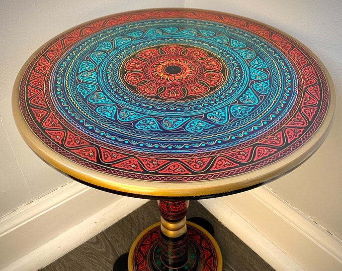 Table - Vibrant Hand-Painted Naksheen Art Coffee Table - 16" Round Decor for Living Room, Unique Home Accent