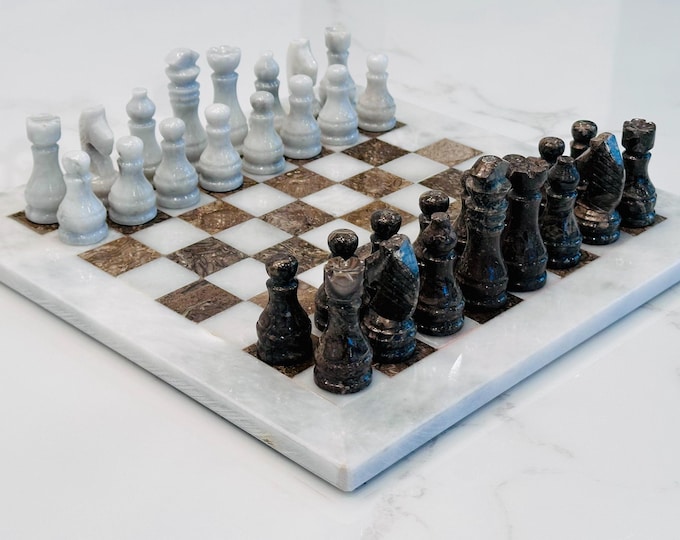 Chess Set – Classic Marble in White & Oceanic Grey – Customizable Luxury Board Game for Adults and Kids