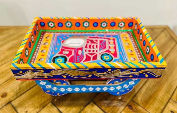 Handmade Serving Tray on Wheels: Vintage Style Home Decor | Truck Art Design | Dopamine Decor