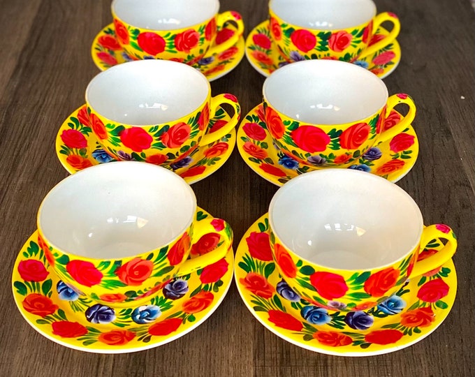 Hand Painted Truck Art Tea Cup & Saucer Set of 6 | Unique Colorful Home Decor Gift | Artisan Ceramic Teacups