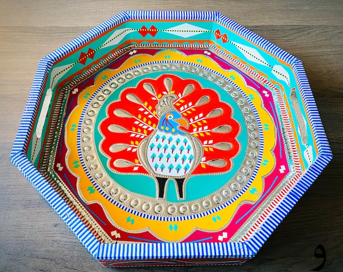 Truck Art Decorative Octagonal Tray - Handmade Chamakpatti Design, Unique Home Decor, Colorful Serving Tray, Artisan Craft