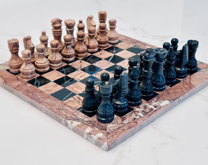 Chess Set in Marina Pink & Black, Classic Marble Design, Customizable Box, Pieces for Unique Gameplay, Game Board Gift Ideas