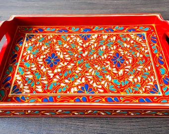 Hand-Painted Swati Serving Tray: Decorative Floral Woodwork | Dopamine Decor