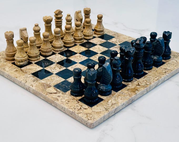 Coral & Black Marble Chess Set, Handcrafted Onyx Pieces, Personalized Box