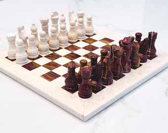Marble Chess Set – Beige & Brown Chessboard with Storage Box