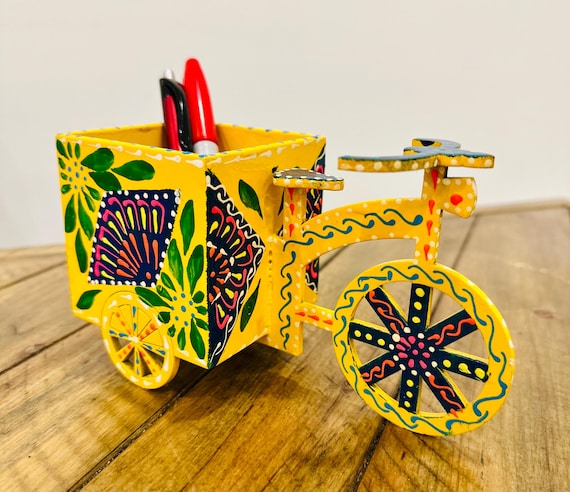 Handpainted Wooden Tricycle Pen Holder, Pakistani Truck Art Desk Organizer