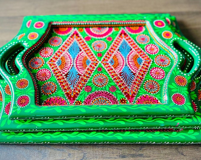 Hand Painted Truck Art Decorative Wooden Serving Tray Set - Colorful Home Decor Gift