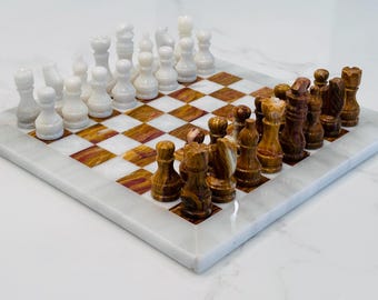 Handmade Marble Chess Set in White & Brown | Onyx Customizable Board Game | Luxury Decor Gift