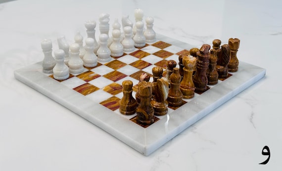 White Brown Marble Onyx Chess Set | Weighted Stone Game Board, Luxury Gift