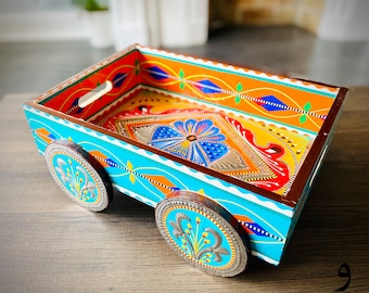 Handmade Tray with Wheels: Colorful Home Decor | Truck Art Style | Dopamine Decor