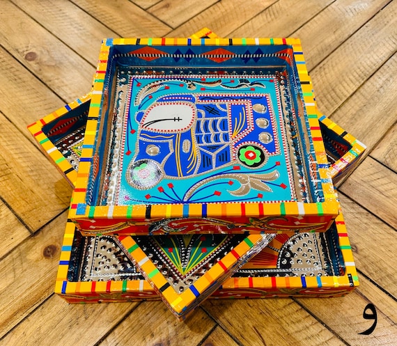 Handmade Tray Set of 3: Colorful Home Decor | Truck Art Style | Dopamine Decor