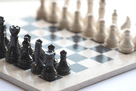 Beige Black Marble Chess Set | Natural Stone Board, Elegant Home Decor