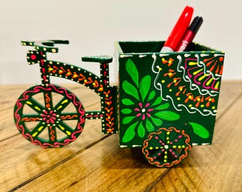 Handpainted Wooden Tricycle Pen Holder: Truck Art Room Decor