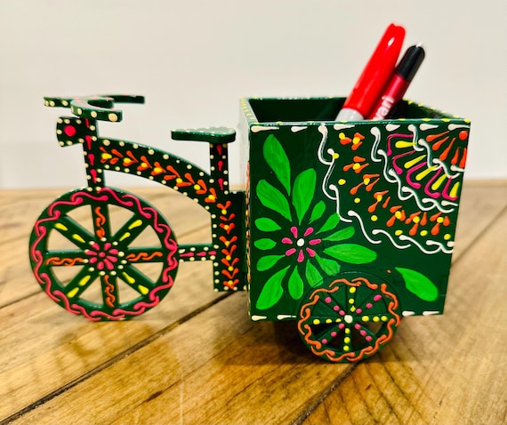 Handpainted Wooden Tricycle Pen Holder, Pakistani Truck Art Desk Organizer