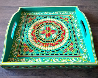Hand-Painted Square Serving Tray: Decorative Woodwork, Home Decor | Dopamine Decor