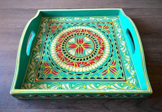 Hand-Painted Square Serving Tray: Decorative Woodwork, Home Decor | Dopamine Decor