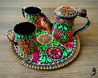 Hand Painted Truck Art Teapot Set with 2 Tin Cups: Colorful Kitchen Decor
