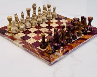 Handcrafted Onyx Chess Set with Brown Coral Marble Board