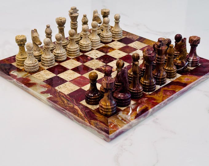 Chess Set | Classic Marble Design in Brown & Coral | Personalized Chess Box for Unique Gift and Home Decor