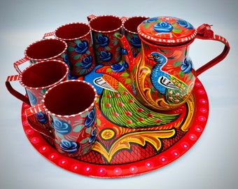 Hand-Painted Chainak Teapot Set: Includes Teapot, Tray & 6 Tin Cups