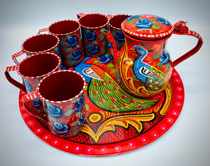 Hand-Painted Chainak Teapot Set: Includes Teapot, Tray & 6 Tin Cups