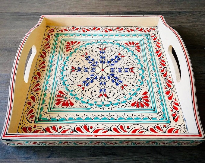 Unique Hand-painted Serving Square Tray: Decorative Woodwork Craft for Home Decor & Kitchen Use, Perfect Gift Idea