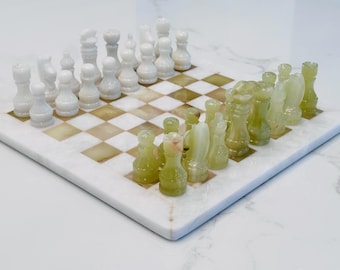 Handcrafted Marble Chess Set in White & Green Onyx Stone | Customizable Board Game | Luxury Decor Gift