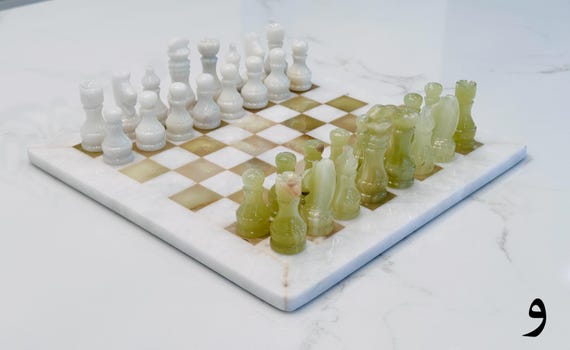 Green Onyx Marble Chess Set, White & Green Stone Board, Luxury Decor Game Pieces