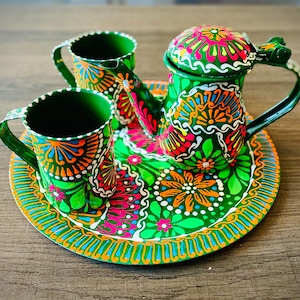 Teapot Set - Hand Painted Truck Art Tea Set with 2 Tin Cups, Unique Gift for Tea Lovers, Colorful Kitchen Decor & Collectibles