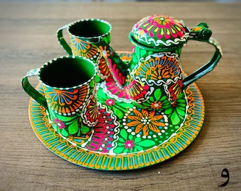 Truck Art Hand Painted Teapot Set with 2 Tin Cups