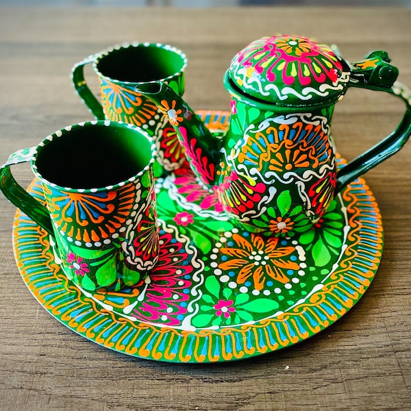 Truck Art Hand Painted Teapot Set with 2 Tin Cups
