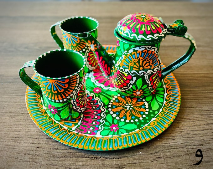 Teapot Set - Hand Painted Truck Art Tea Set with 2 Tin Cups, Unique Gift for Tea Lovers, Colorful Kitchen Decor & Collectibles