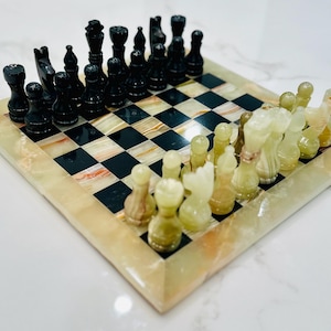 Green Black Onyx Marble Chess Set, Luxury Stone Board, Weighted Pieces (12 inch)