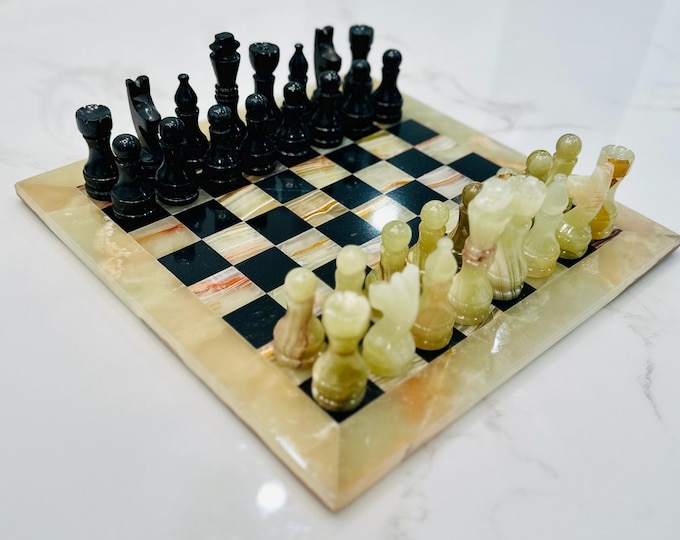 Luxury Marble Chess Set: Black & Green Onyx Stone, Customizable Board Game (12 inch) Decor Gift