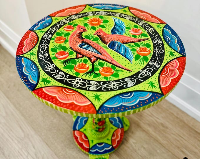 Hand Painted Round Coffee Table 16"-18" | Unique Truck Art Design | Colorful Home Decor & Vintage Accent Piece