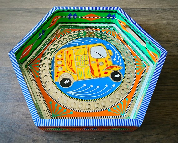 Handmade Hexagonal Tray – Wooden Serving | Home Decor & Gift | Truck Art Style | Dopamine Decor