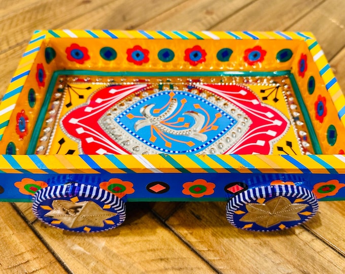 Handmade Truck Art Tray with Wheels Small: Colorful Home Decor