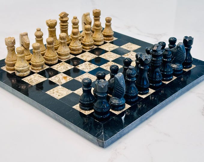 Chess Set - Classic Marble Design in Coral and Black - Customizable Luxury Game for Collectors & Players