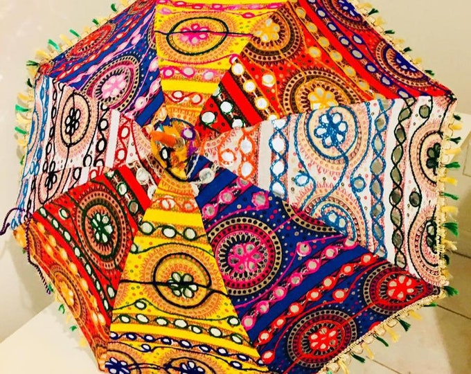 Hand-Painted Decorative Parasol: Vintage Folk-Art Umbrella with Sequins