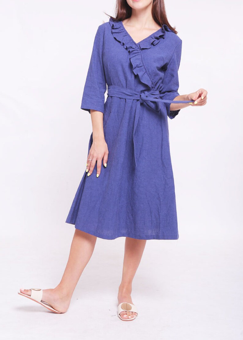 Linen wrap dress with ruffle tunic dress loose fitting maxi dress bridesmaid summer linen dress kimono dress summer dress long dress