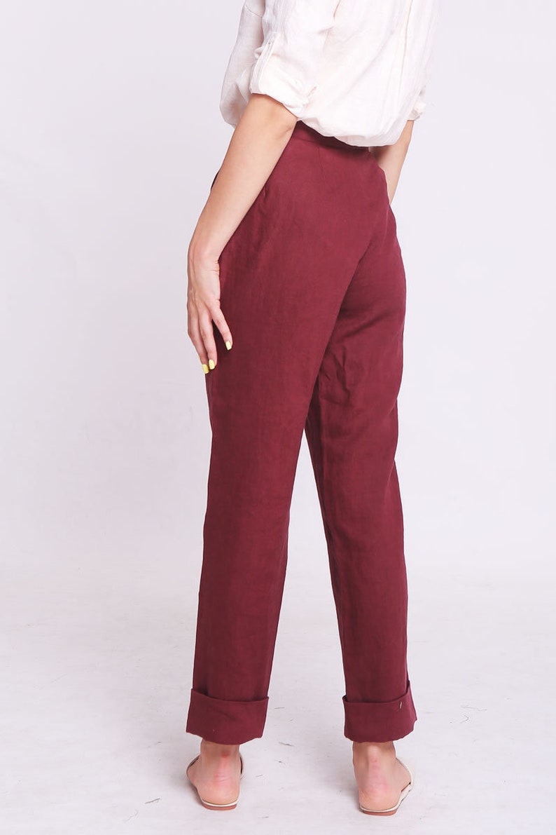 dress pants ankle pants office pants linen pants relaxed fit loose linen pants fitted pants Womens linen trousers in maroon