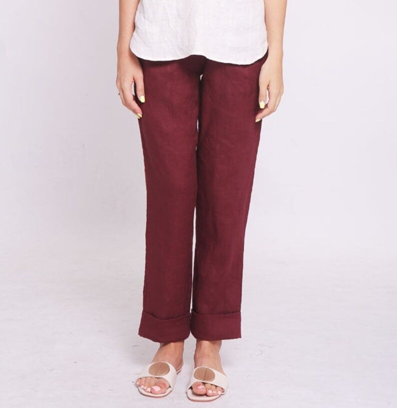 dress pants ankle pants office pants linen pants relaxed fit loose linen pants fitted pants Womens linen trousers in maroon